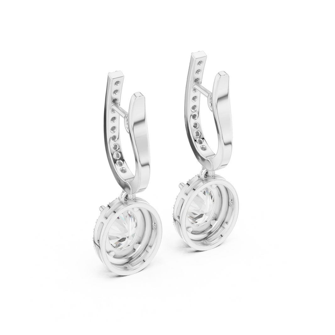 Oval Halo Moissanite Pavé Huggie Drop Earrings in white 925 sterling silver, view 3