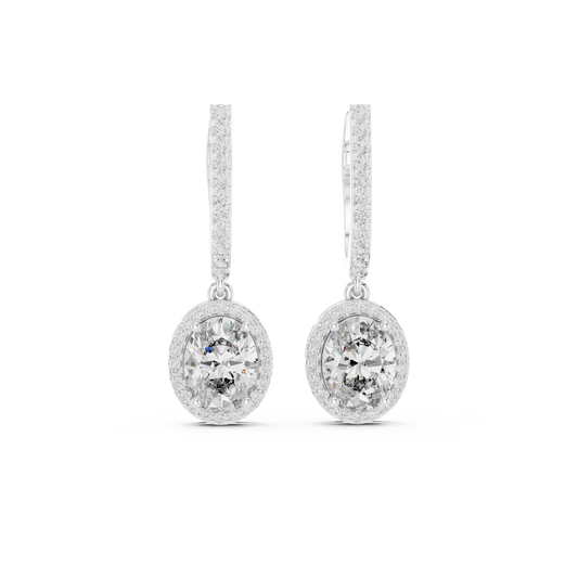 Oval Halo Moissanite Pavé Huggie Drop Earrings in white 925 sterling silver, view 4