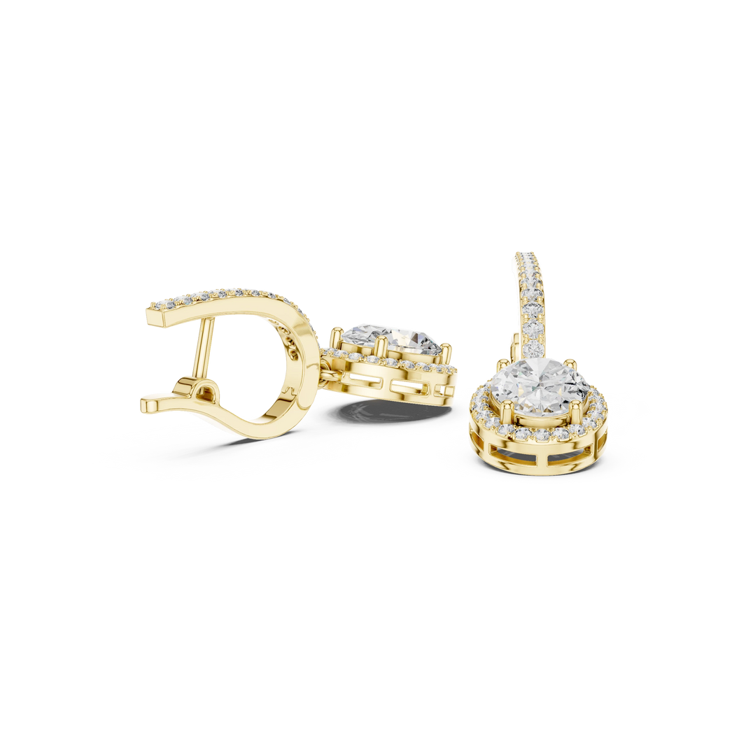 Oval Halo Moissanite Pavé Huggie Drop Earrings in yellow 925 sterling silver, view 1