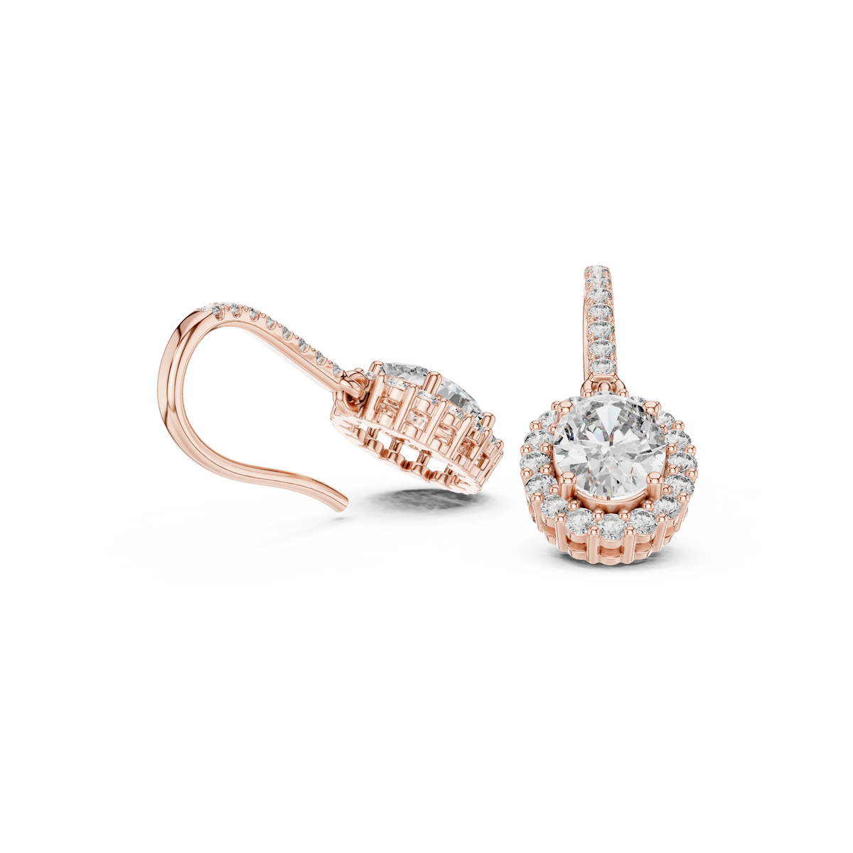 Oval Halo Moissanite Pavé Fish Hook Drop Earrings in rose 925 sterling silver, view 1