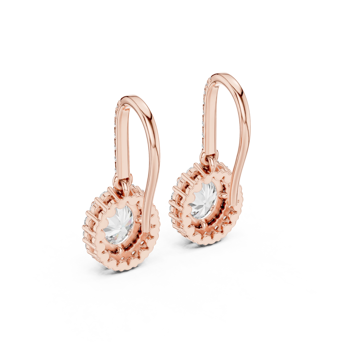 Oval Halo Moissanite Pavé Fish Hook Drop Earrings in rose 925 sterling silver, view 3