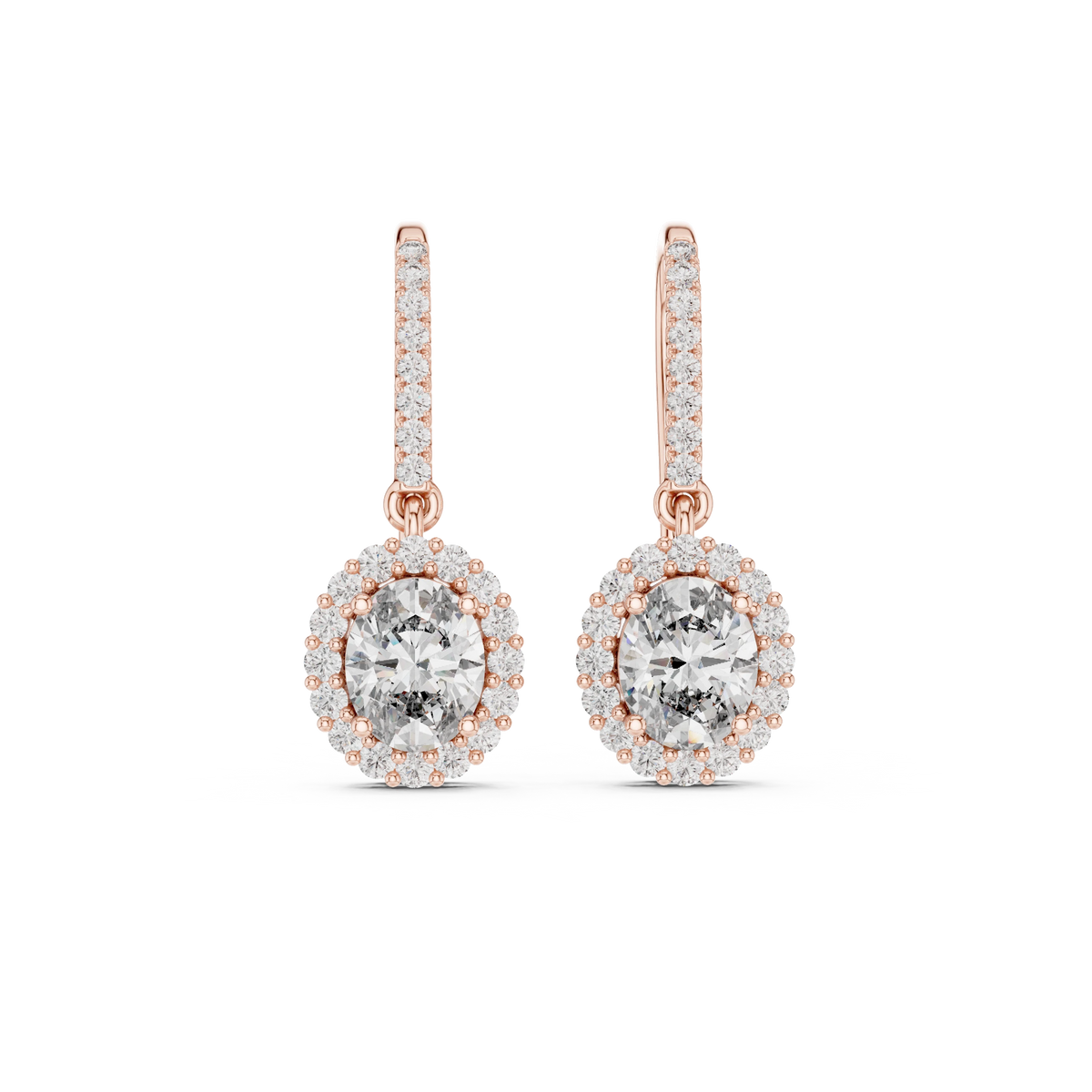 Oval Halo Moissanite Pavé Fish Hook Drop Earrings in rose 925 sterling silver, view 4