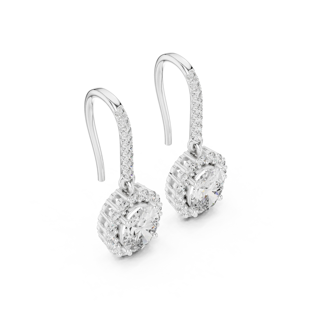Oval Halo Moissanite Pavé Fish Hook Drop Earrings in white 925 sterling silver, view 2