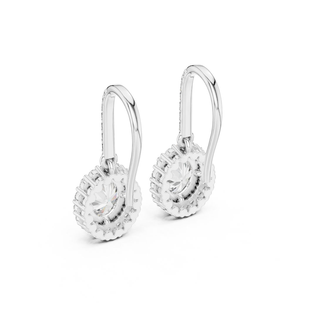 Oval Halo Moissanite Pavé Fish Hook Drop Earrings in white 925 sterling silver, view 3