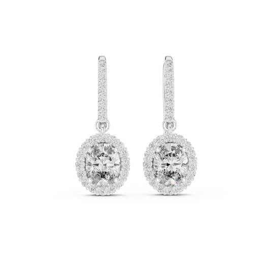 Oval Halo Moissanite Pavé Fish Hook Drop Earrings in white 925 sterling silver, view 4