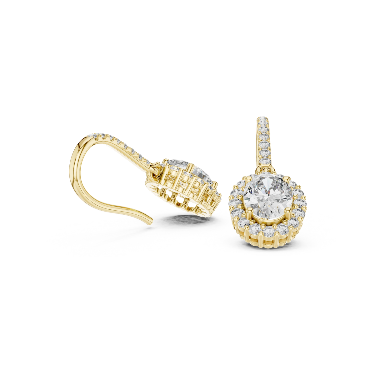 Oval Halo Moissanite Pavé Fish Hook Drop Earrings in yellow 925 sterling silver, view 1