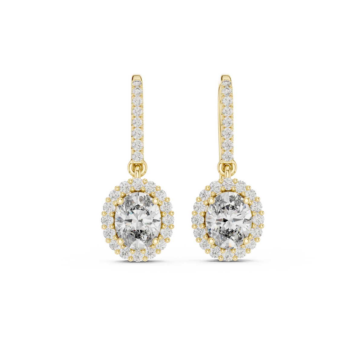 Oval Halo Moissanite Pavé Fish Hook Drop Earrings in yellow 925 sterling silver, view 4