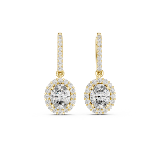 Oval Halo Moissanite Pavé Fish Hook Drop Earrings in yellow 925 sterling silver, view 4