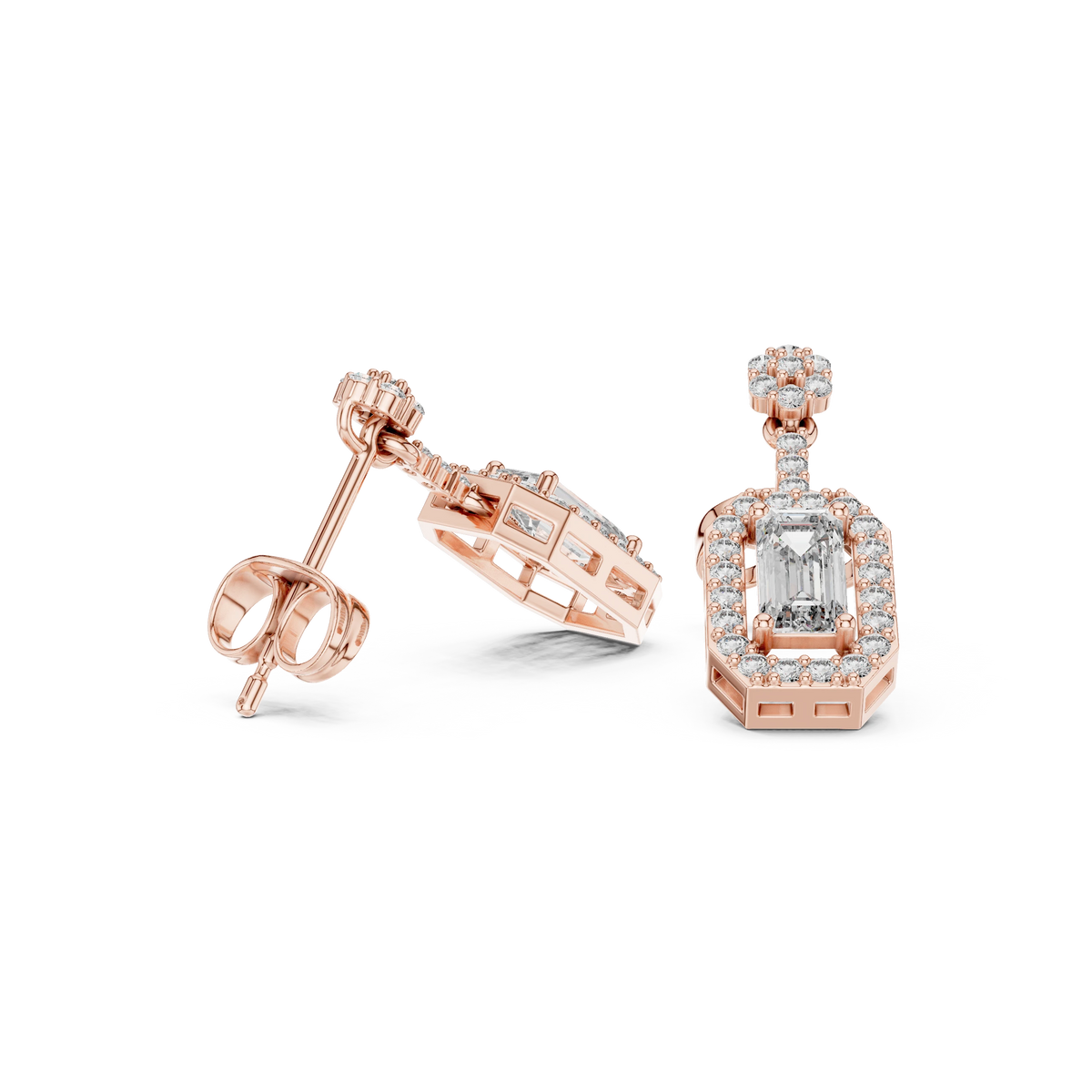 Emerald Cut Halo Moissanite Drop Earrings with Flower Top in rose 925 sterling silver, view 1