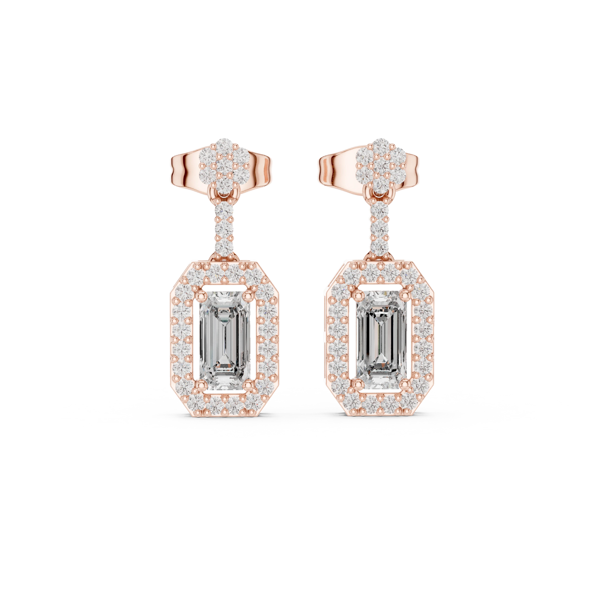Emerald Cut Halo Moissanite Drop Earrings with Flower Top in rose 925 sterling silver, view 4