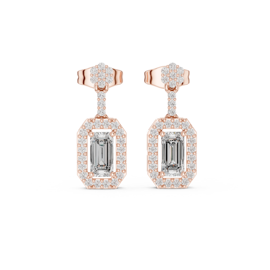 Emerald Cut Halo Moissanite Drop Earrings with Flower Top in rose 925 sterling silver, view 4