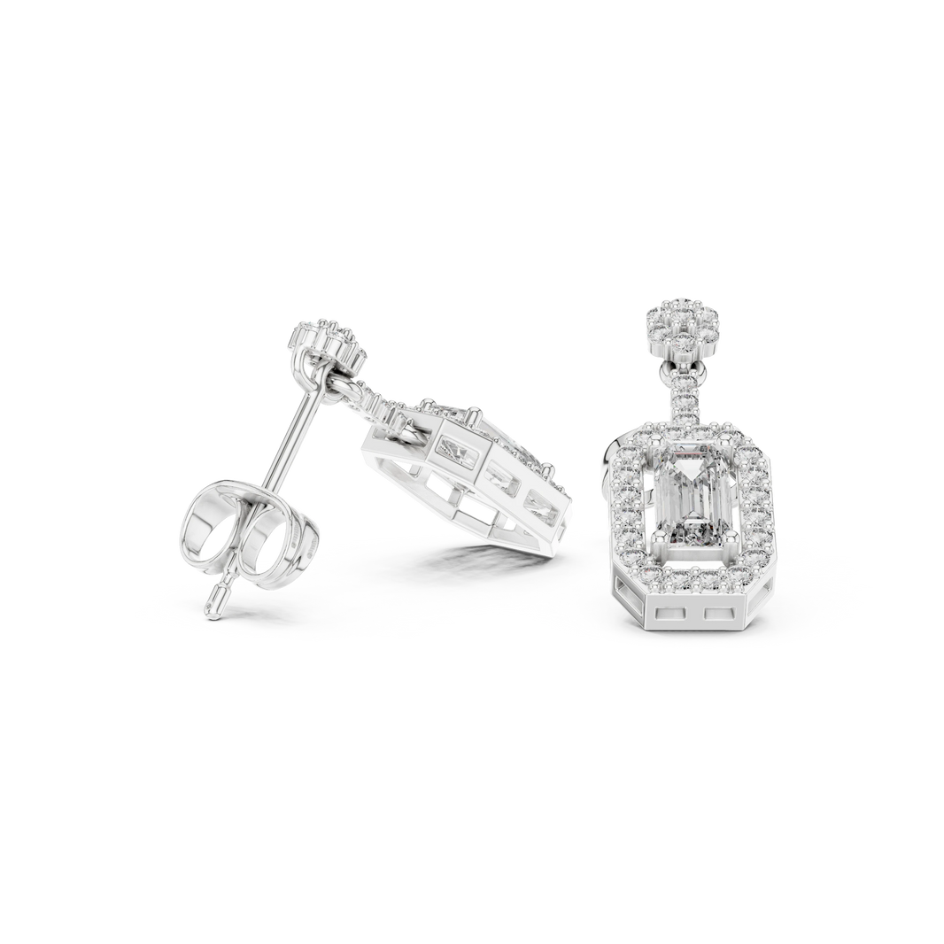 Emerald Cut Halo Moissanite Drop Earrings with Flower Top in white 925 sterling silver, view 1