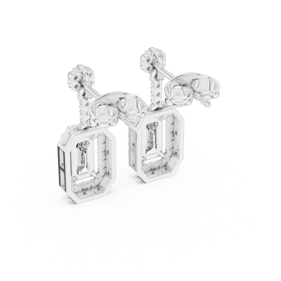 Emerald Cut Halo Moissanite Drop Earrings with Flower Top in white 925 sterling silver, view 3