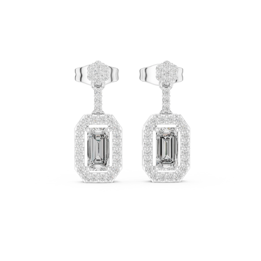 Emerald Cut Halo Moissanite Drop Earrings with Flower Top in white 925 sterling silver, view 4