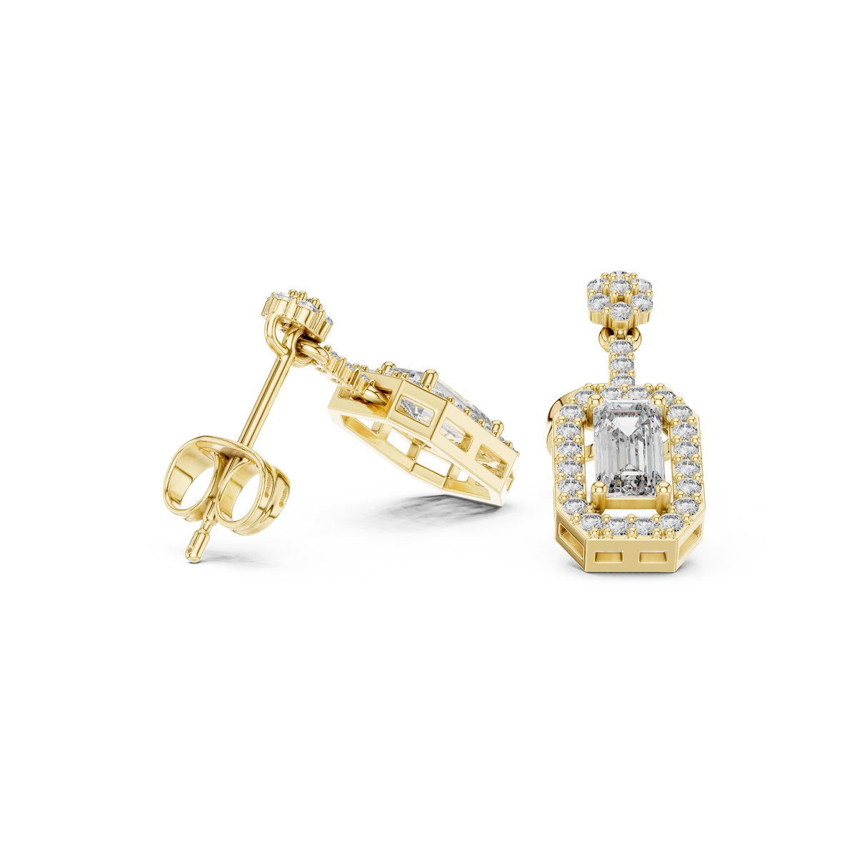 Emerald Cut Halo Moissanite Drop Earrings with Flower Top in yellow 925 sterling silver, view 1