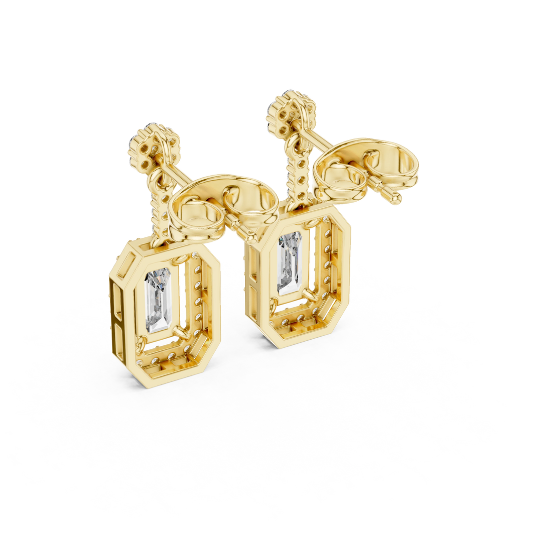 Emerald Cut Halo Moissanite Drop Earrings with Flower Top in yellow 925 sterling silver, view 3