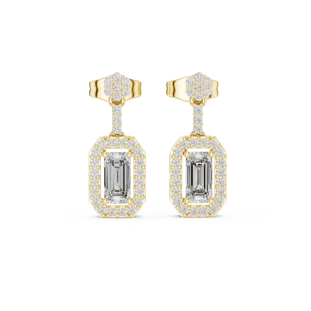 Emerald Cut Halo Moissanite Drop Earrings with Flower Top in yellow 925 sterling silver, view 4