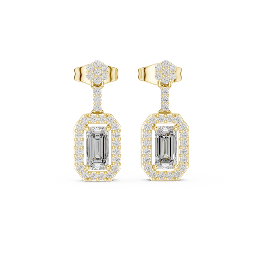 Emerald Cut Halo Moissanite Drop Earrings with Flower Top in yellow 925 sterling silver, view 4