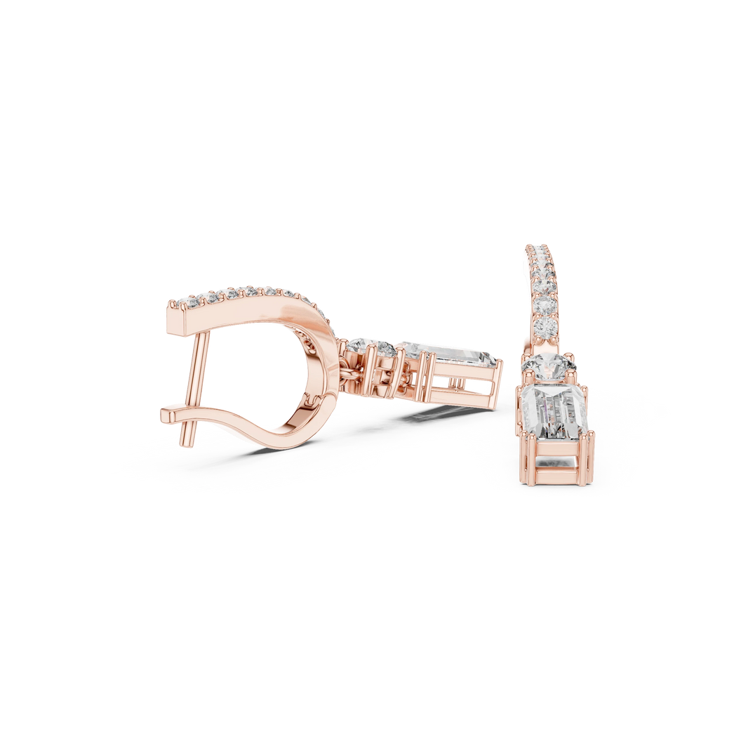 Baguette Moissanite Huggie Drop Earrings with Round Accent in rose 925 sterling silver, view 1