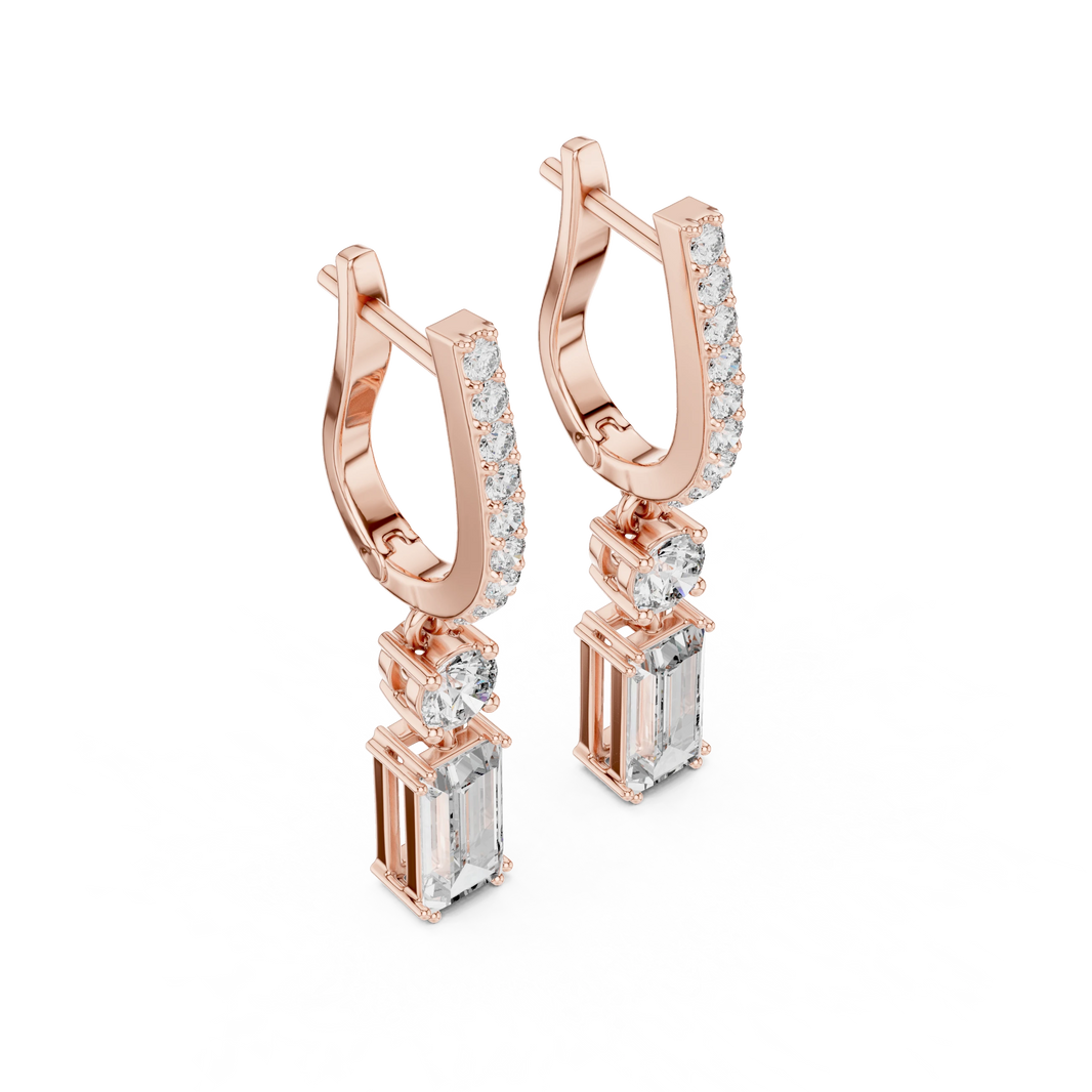 Baguette Moissanite Huggie Drop Earrings with Round Accent in rose 925 sterling silver, view 2