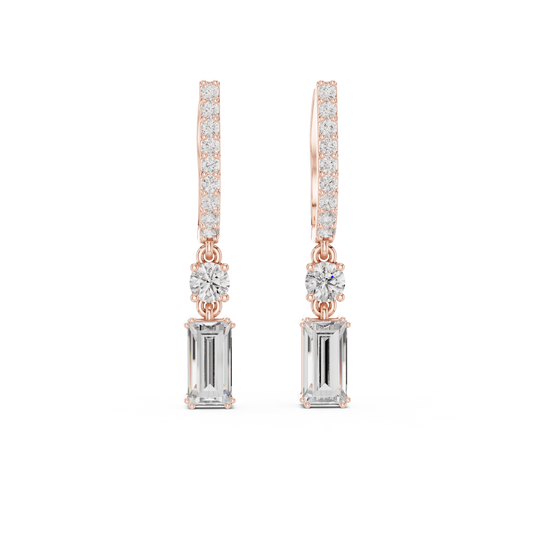 Baguette Moissanite Huggie Drop Earrings with Round Accent in rose 925 sterling silver, view 4