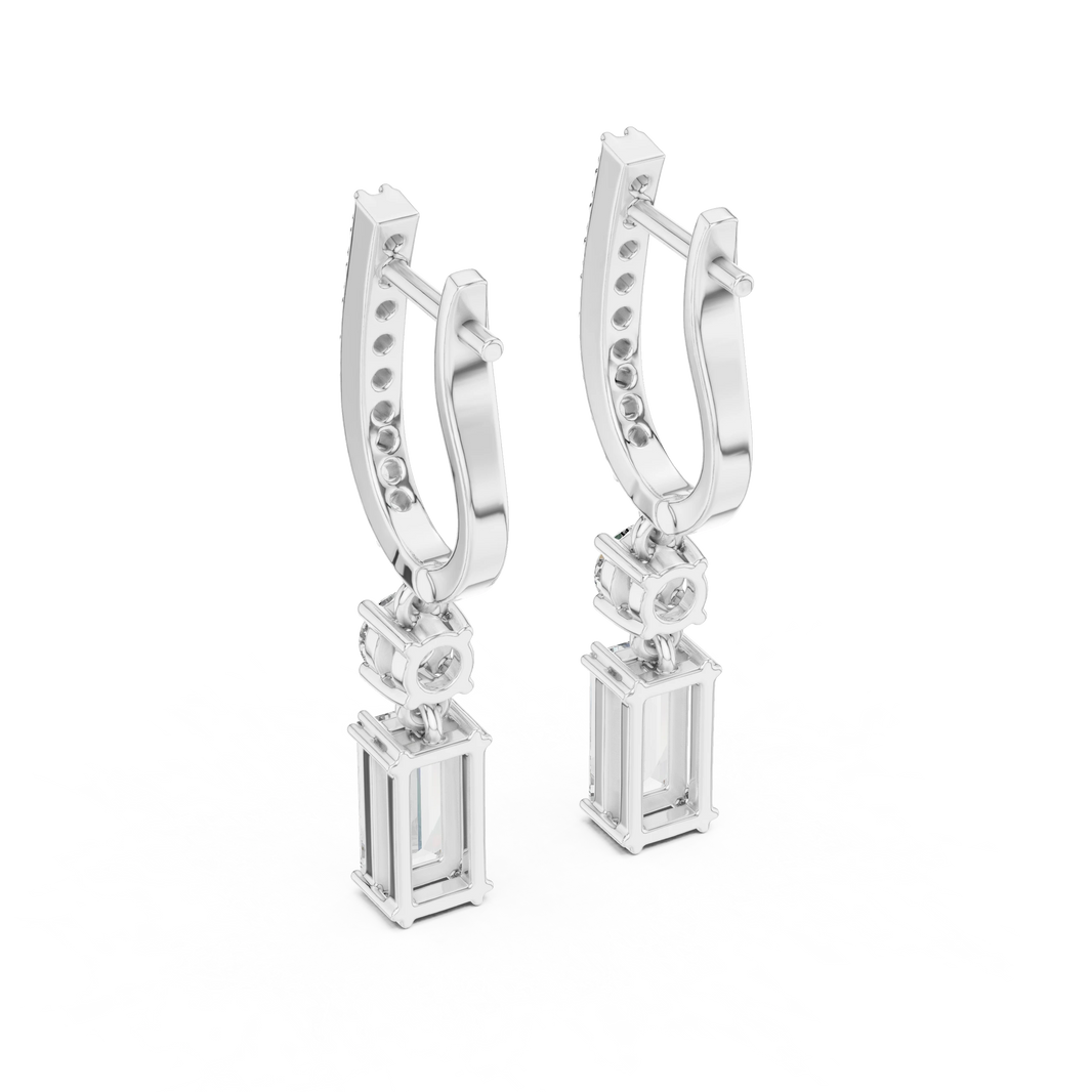 Baguette Moissanite Huggie Drop Earrings with Round Accent in white 925 sterling silver, view 3
