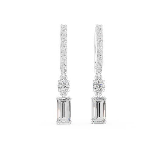 Baguette Moissanite Huggie Drop Earrings with Round Accent in white 925 sterling silver, view 4