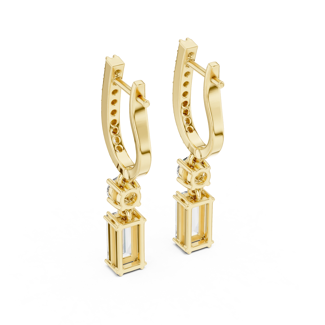 Baguette Moissanite Huggie Drop Earrings with Round Accent in yellow 925 sterling silver, view 3