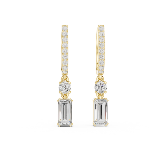 Baguette Moissanite Huggie Drop Earrings with Round Accent in yellow 925 sterling silver, view 4