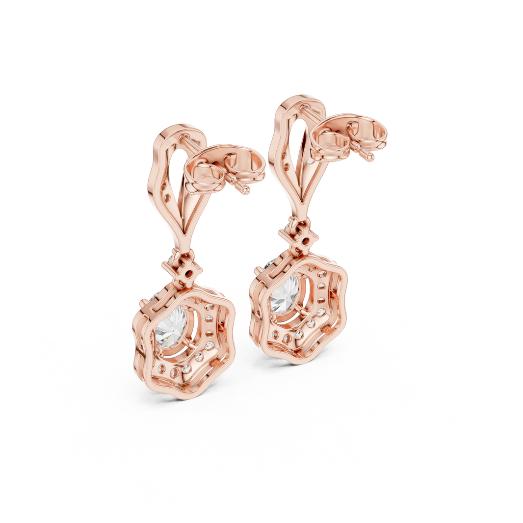 Vintage Scalloped Oval Halo Moissanite Drop Earrings in rose 925 sterling silver, view 3