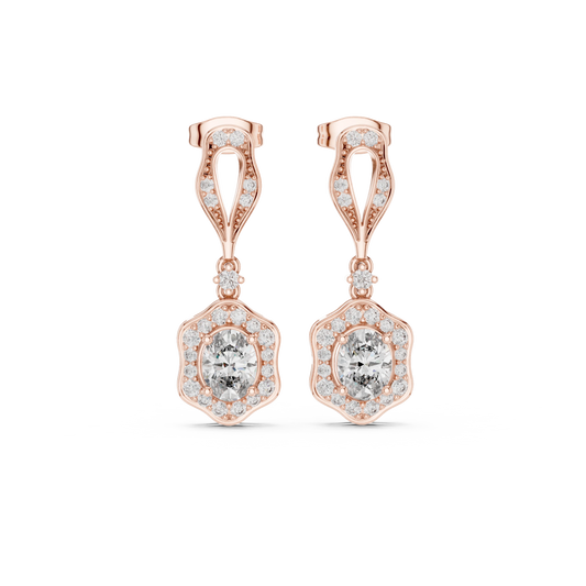 Vintage Scalloped Oval Halo Moissanite Drop Earrings in rose 925 sterling silver, view 4