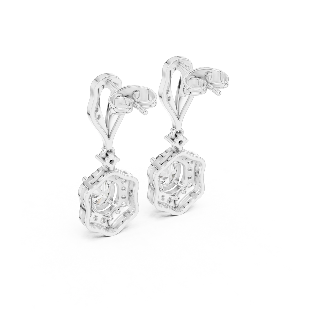 Vintage Scalloped Oval Halo Moissanite Drop Earrings in white 925 sterling silver, view 3
