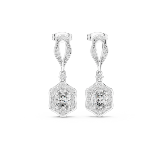 Vintage Scalloped Oval Halo Moissanite Drop Earrings in white 925 sterling silver, view 4