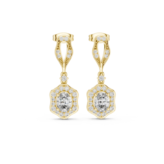 Vintage Scalloped Oval Halo Moissanite Drop Earrings in yellow 925 sterling silver, view 4