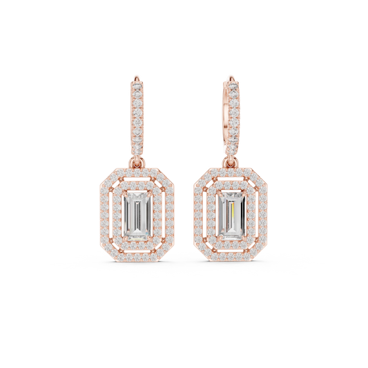 Emerald Cut Double Halo Moissanite Huggie Drop Earrings in rose 925 sterling silver, view 4