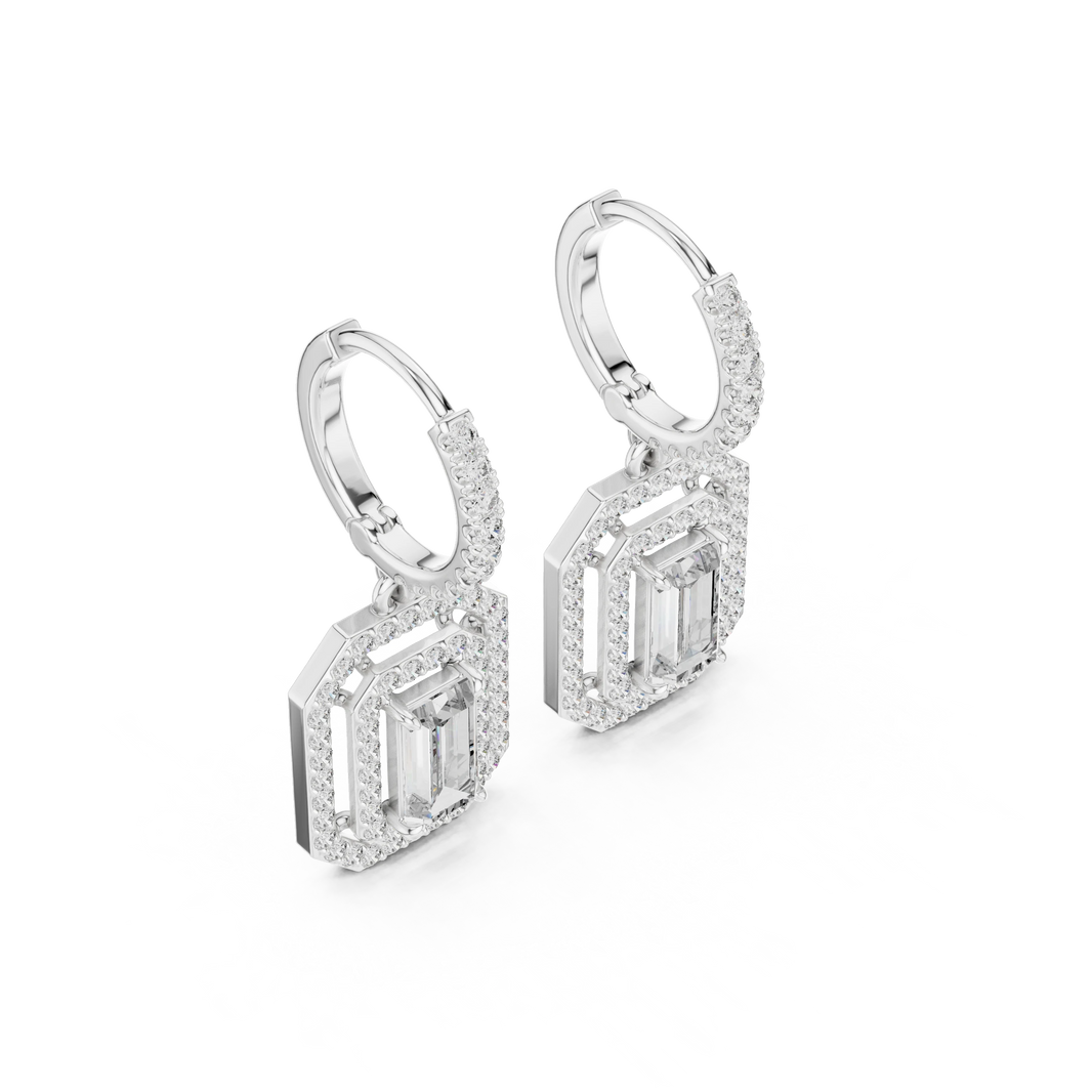 Emerald Cut Double Halo Moissanite Huggie Drop Earrings in white 925 sterling silver, view 2
