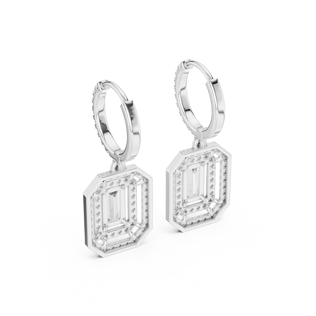 Emerald Cut Double Halo Moissanite Huggie Drop Earrings in white 925 sterling silver, view 3