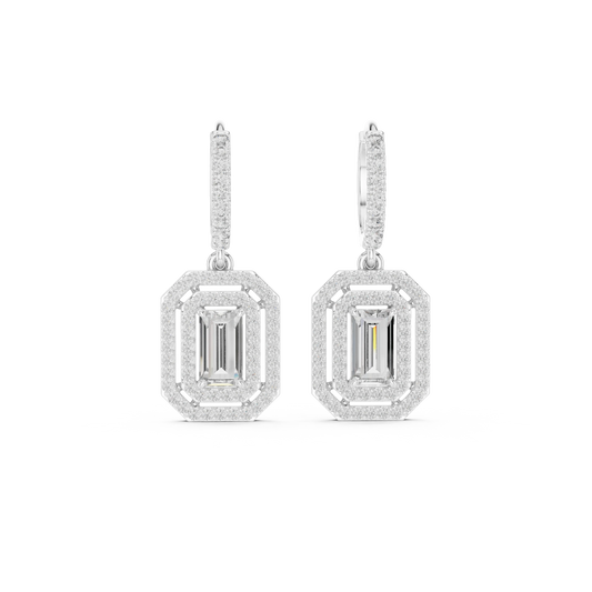 Emerald Cut Double Halo Moissanite Huggie Drop Earrings in white 925 sterling silver, view 4