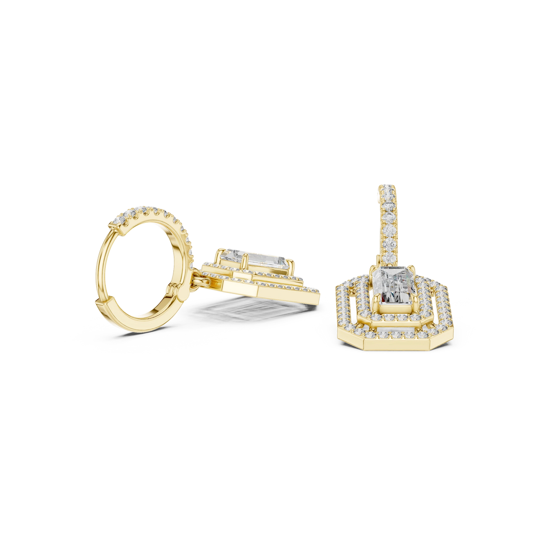 Emerald Cut Double Halo Moissanite Huggie Drop Earrings in yellow 925 sterling silver, view 1