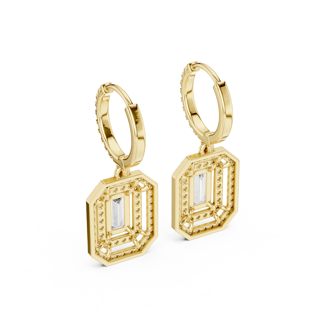 Emerald Cut Double Halo Moissanite Huggie Drop Earrings in yellow 925 sterling silver, view 3