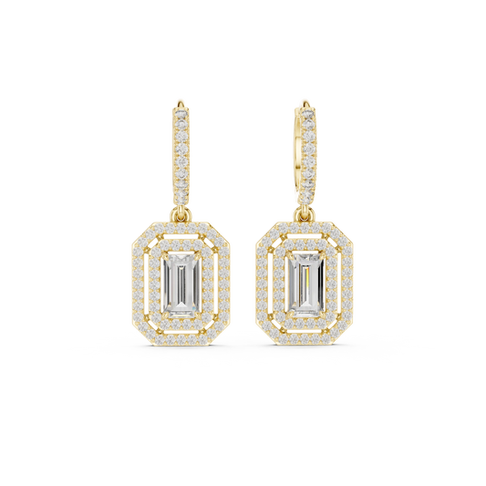 Emerald Cut Double Halo Moissanite Huggie Drop Earrings in yellow 925 sterling silver, view 4