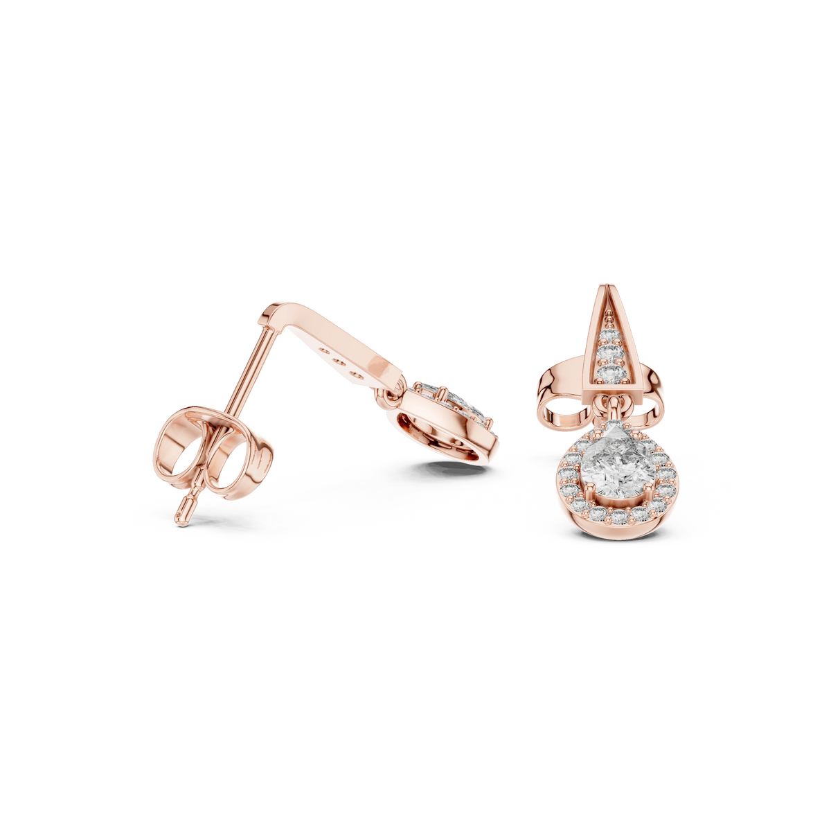 Pear Halo Moissanite Drop Earrings with Tapered Bar Top in rose 925 sterling silver, view 1