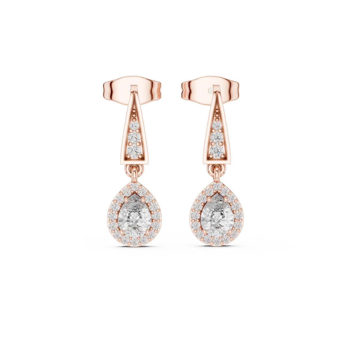 Pear Halo Moissanite Drop Earrings with Tapered Bar Top in rose 925 sterling silver, view 4