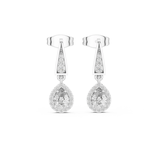 Pear Halo Moissanite Drop Earrings with Tapered Bar Top in white 925 sterling silver, view 4