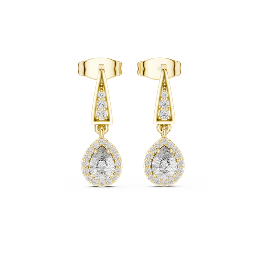Pear Halo Moissanite Drop Earrings with Tapered Bar Top in yellow 925 sterling silver, view 4