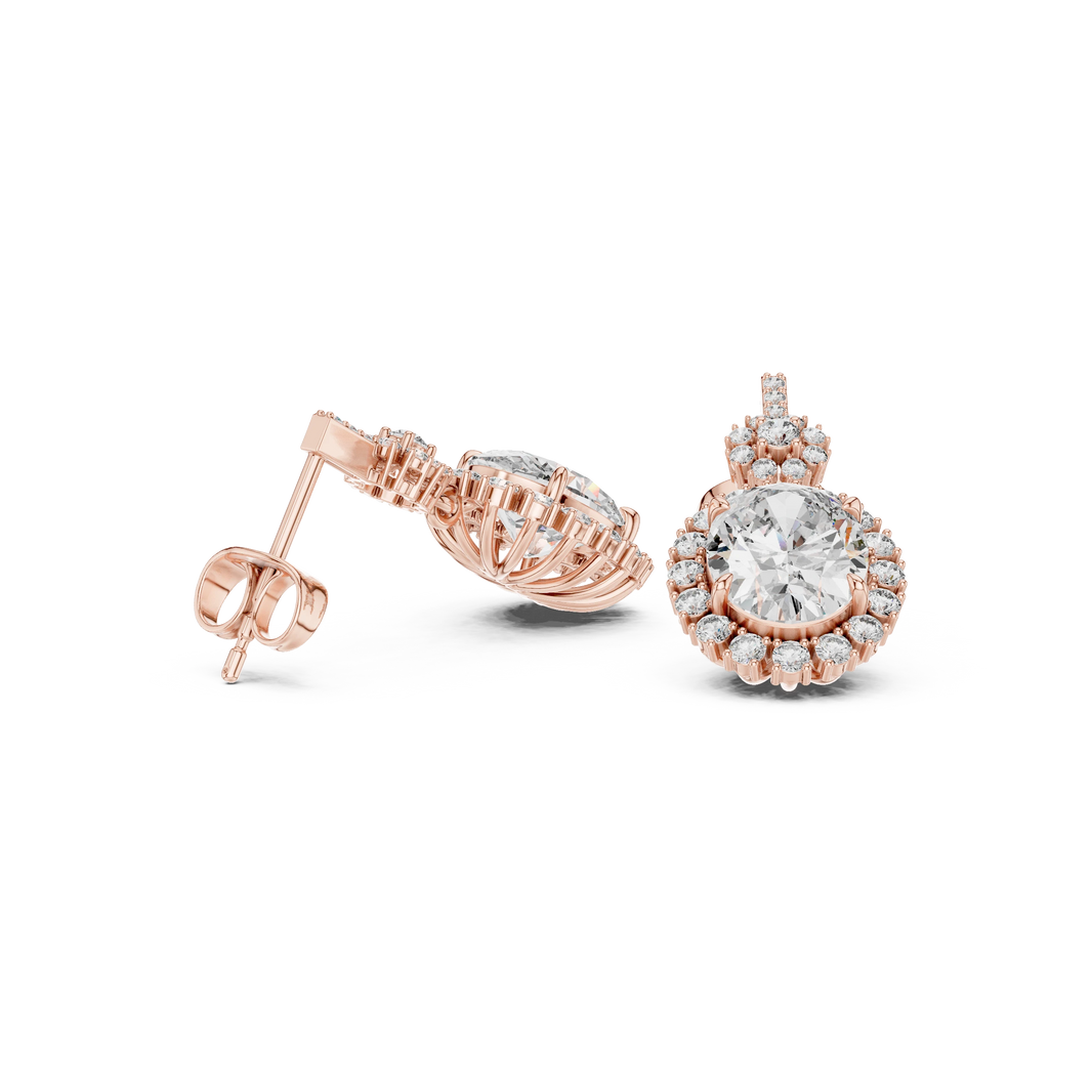 Oval Halo Moissanite Drop Earrings with Flower Cluster Top in rose 925 sterling silver, view 1