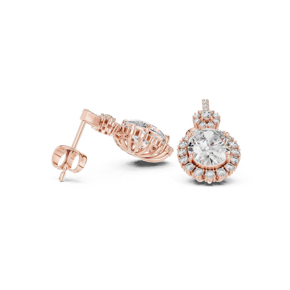Oval Halo Moissanite Drop Earrings with Flower Cluster Top in rose 925 sterling silver, view 1