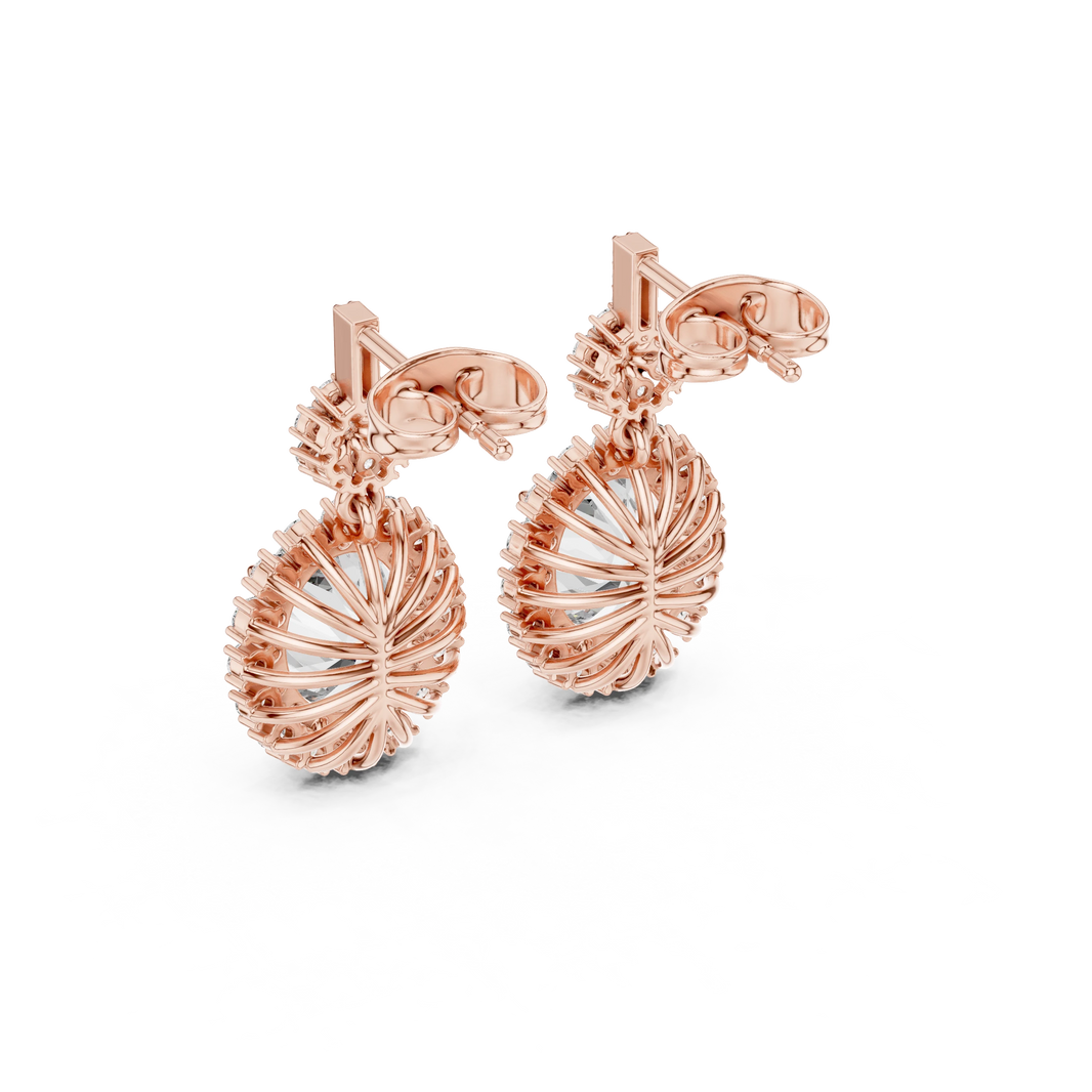 Oval Halo Moissanite Drop Earrings with Flower Cluster Top in rose 925 sterling silver, view 3