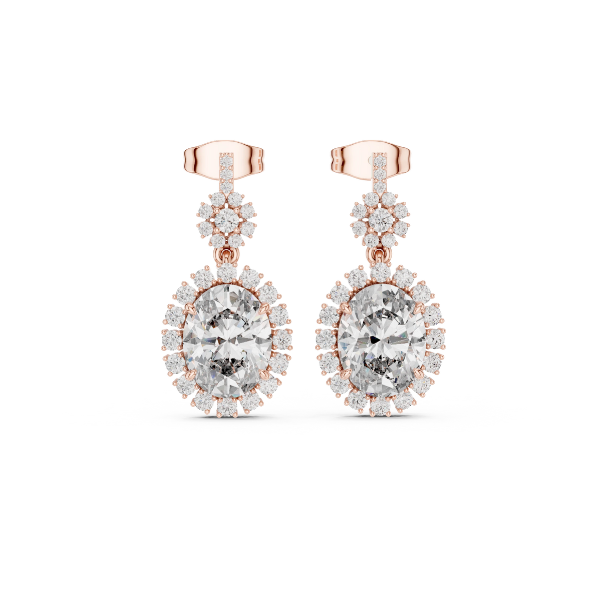 Oval Halo Moissanite Drop Earrings with Flower Cluster Top in rose 925 sterling silver, view 4