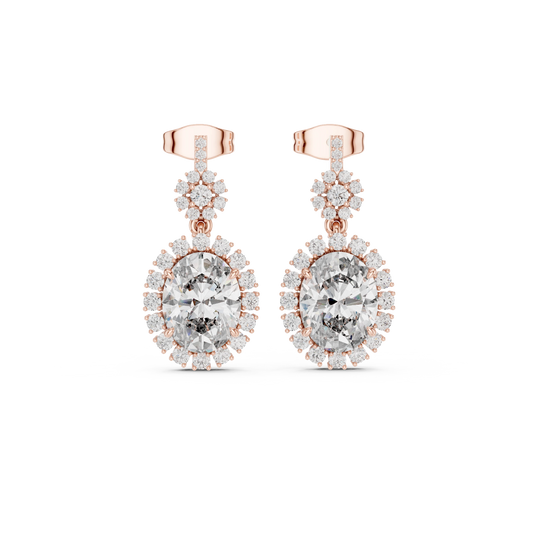 Oval Halo Moissanite Drop Earrings with Flower Cluster Top in rose 925 sterling silver, view 4